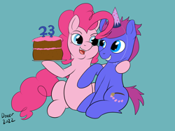 Size: 1600x1200 | Tagged: safe, artist:bigboydover, pinkie pie, oc, oc:bristle star, earth pony, pony, g4, 23, birthday cake, cake, earth pony oc, food, hat, party hat