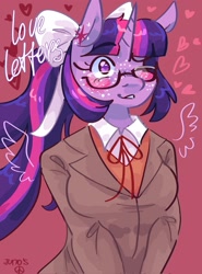 Size: 1519x2048 | Tagged: safe, artist:dmitrymemovznok, twilight sparkle, unicorn, anthro, g4, blushing, bow, clothes, crossover, doki doki literature club!, female, glasses, hair bow, heart, just monika, just twilight, monika, school uniform, solo, text, twilight monika