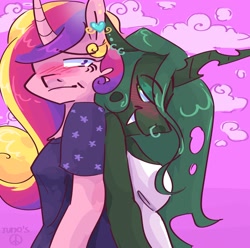 Size: 2048x2033 | Tagged: safe, artist:dmitrymemovznok, princess cadance, queen chrysalis, alicorn, changeling, anthro, g4, back to back, blushing, clothes, duo, fangs, female, high res, infidelity, lesbian, nose piercing, nose ring, piercing, ship:cadalis, shipping, smiling