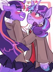 Size: 1519x2048 | Tagged: safe, artist:dmitrymemovznok, starlight glimmer, twilight sparkle, unicorn, anthro, g4, arm hooves, blushing, clothes, doki doki literature club!, duo, female, heart, just monika, just twilight, lesbian, mc (ddlc), monika, school uniform, ship:twistarlight, shipping, smiling, twilight monika