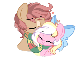 Size: 2732x2048 | Tagged: safe, artist:emberslament, oc, oc only, oc:bay breeze, oc:pitch kritter pine, pony, bow, chibi, clothes, female, hair bow, heart, high res, male, mare, oc x oc, pinebreeze, scarf, shared clothing, shared scarf, shipping, simple background, stallion, straight, striped scarf, transparent background