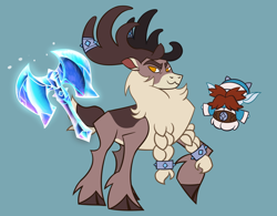 Size: 2200x1720 | Tagged: safe, artist:nonameorous, stronghoof hoofstrong (tfh), vetr (tfh), deer, reindeer, winter sprite, them's fightin' herds, antlers, axe, battle axe, belt, blue background, braid, cloven hooves, community related, duo, eyebrows, facial hair, horn, horn jewelry, ice, jewelry, looking at you, magic, male, moustache, no pupils, simple background, snow, telekinesis, weapon