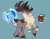 Size: 2200x1720 | Tagged: safe, artist:nonameorous, stronghoof hoofstrong, deer, reindeer, winter sprite, them's fightin' herds, antlers, axe, battle axe, belt, blue background, braid, cloven hooves, community related, duo, eyebrows, facial hair, horn, horn jewelry, ice, jewelry, looking at you, magic, male, moustache, no pupils, simple background, snow, telekinesis, weapon