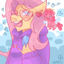 Size: 2048x2033 | Tagged: safe, artist:dmitrymemovznok, fluttershy, pinkie pie, angel, pony, anthro, g4, arm hooves, clothes, duo, glasses, halo, heart, heart shaped glasses, high res, hoodie, shoulder angel, smiling