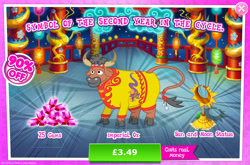 Size: 1954x1293 | Tagged: safe, gameloft, bull, cow, g4, my little pony: magic princess, advertisement, bush, clothes, cloven hooves, costs real money, english, gem, horn, introduction card, lunar new year, mobile game, numbers, ox, sale, solo, text, unnamed character, unnamed cow