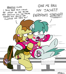 Size: 2360x2628 | Tagged: safe, artist:bobthedalek, oc, oc only, oc:bubble pump, oc:clippy ticket, earth pony, pegasus, pony, comic:trottingham transport, blushing, chair, clothes, embarrassed, female, hearts and hooves day, high res, hug, jacket, kiss mark, lipstick, male, mare, smug, stallion, sweater