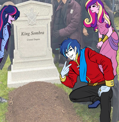 Size: 2057x2111 | Tagged: safe, artist:daazzlin, edit, king sombra, princess cadance, shining armor, twilight sparkle, human, equestria girls, g4, grave, high res, irl, meme, peace sign, photo, ponified meme