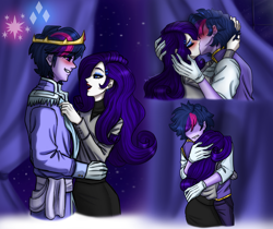 Size: 3336x2807 | Tagged: safe, artist:daazzlin, rarity, twilight sparkle, human, equestria girls, g4, crown, duo, dusk shine, female, half r63 shipping, high res, jewelry, kiss on the lips, kissing, male, regalia, rule 63, ship:rarilight, ship:rarishine, shipping, straight