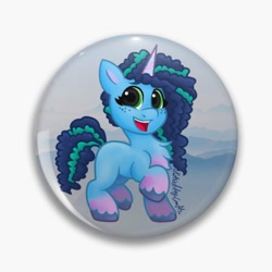 Size: 600x600 | Tagged: safe, artist:katiecoolchic, misty brightdawn, pony, unicorn, g5, button design, chest fluff, cornrows, female, freckles, looking at you, mare, open mouth, open smile, pin, raised hoof, smiling, solo, standing, three quarter view