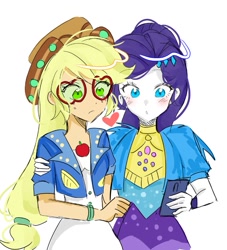 Size: 721x795 | Tagged: safe, artist:rainn__1026, applejack, rarity, human, equestria girls, g4, my little pony equestria girls: better together, cellphone, duo, duo female, female, glasses, hat, heart, lesbian, music festival outfit, phone, ship:rarijack, shipping, simple background, smartphone, white background