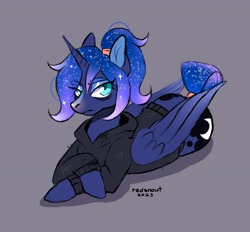 Size: 3304x3062 | Tagged: safe, artist:redsnout, princess luna, alicorn, pony, g4, alternate hairstyle, clothes, ethereal mane, ethereal tail, female, folded wings, gray background, high res, hoodie, mare, simple background, solo, tail, tired, wing hold, wings