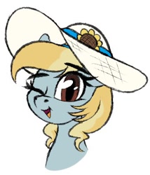 Size: 360x420 | Tagged: safe, artist:seafooddinner, oc, oc only, oc:fair flyer, pegasus, pony, bust, eyebrows, eyebrows visible through hair, female, hat, mare, one eye closed, open mouth, simple background, solo, sun hat, white background