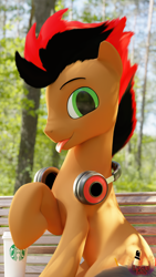 Size: 2160x3840 | Tagged: safe, artist:loveslove, oc, oc only, oc:spot light, earth pony, pony, 3d, :p, blender, coffee, cute, earth pony oc, headphones, high res, looking at you, male, solo, starbucks, tongue out, watermark