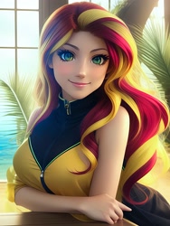 Size: 2040x2720 | Tagged: safe, ai assisted, ai content, editor:sammykun, generator:novelai, generator:stable diffusion, sunset shimmer, human, g4, beautiful, breasts, busty sunset shimmer, clothes, detailed, female, high res, humanized, palm tree, realistic, sleeveless, solo, table, tree, window