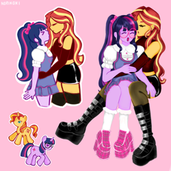 Size: 2048x2048 | Tagged: safe, artist:noriko, sci-twi, sunset shimmer, twilight sparkle, human, pony, unicorn, equestria girls, g4, boots, bow, clothes, dress, duo, equestria girls ponified, eyes closed, female, glasses, hair bow, high heels, high res, humanized, lesbian, mare, open mouth, pink background, plushie, ship:sci-twishimmer, ship:sunsetsparkle, shipping, shirt, shoes, signature, simple background, skirt, socks, stockings, thigh highs, unicorn sci-twi