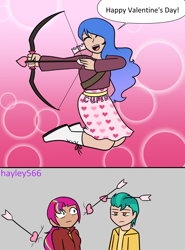 Size: 1734x2348 | Tagged: safe, artist:hayley566, hitch trailblazer, izzy moonbow, sunny starscout, human, g5, 2 panel comic, arrow, belt, boots, bow (weapon), bow and arrow, clothes, comic, commission, cupid, eyes closed, female, heart, hearts and hooves day, high res, holiday, hoodie, humanized, jacket, light skin, male, open mouth, quiver, scared, ship:starblazer, shipper on deck, shipping, shirt, shoes, skirt, straight, tan skin, trio, unamused, valentine's day, wall, weapon