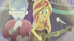 Size: 2000x1120 | Tagged: safe, edit, edited screencap, editor:ktd1993, screencap, flash sentry, sunset shimmer, human, cheer you on, equestria girls, g4, let it rain, my little pony equestria girls: better together, duo, female, guitar, male, microphone, microphone stand, musical instrument, ship:flashimmer, shipping, straight