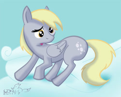 Size: 1000x802 | Tagged: safe, artist:udn-renard, derpy hooves, pegasus, pony, g4, bubble butt, butt, cloud, female, looking back, mare, on a cloud, open mouth, plot, signature, solo, standing