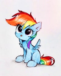 Size: 1565x1959 | Tagged: safe, artist:liaaqila, rainbow dash, pegasus, pony, :p, blank flank, cute, dashabetes, female, filly, filly rainbow dash, foal, liaaqila is trying to murder us with dashabetes, simple background, sitting, solo, tongue out, traditional art, white background, younger