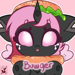 Size: 1500x1500 | Tagged: safe, artist:tresmariasarts, oc, oc:heartstring fiddler, changeling, burger, commission, crying, food, heart wings, pink changeling, solo, ych result