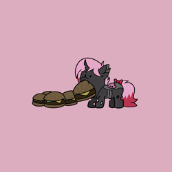 Size: 1920x1920 | Tagged: safe, artist:nadaburner, oc, oc:heartstring fiddler, changeling, burger, commission, eating, food, heart wings, pink background, pink changeling, simple background, ych result