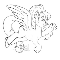 Size: 1024x1024 | Tagged: safe, artist:mysthooves, oc, oc only, hybrid, pegasus, pony, 2020, ear fluff, female, flying, grayscale, grin, mare, monochrome, paw pads, paws, raised paw, simple background, smiling, solo, spread wings, white background, wings