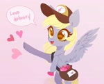 Size: 3000x2426 | Tagged: safe, artist:belka-sempai, derpy hooves, pegasus, pony, bag, baseball cap, cap, chest fluff, cute, derpabetes, envelope, female, gray background, hat, heart, high res, hoof heart, mailbag, mare, open mouth, open smile, raised hoof, rearing, simple background, smiling, solo, speech bubble, spread wings, three quarter view, underhoof, wings