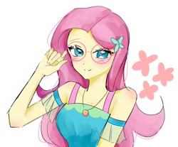 Size: 937x776 | Tagged: safe, artist:rainn__1026, fluttershy, human, equestria girls, g4, blushing, cute, female, glasses, looking at you, meganekko, shyabetes, simple background, smiling, solo, white background