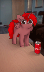 Size: 611x991 | Tagged: safe, artist:mariashek, oc, oc only, oc:hardy, alicorn, pony, alicorn oc, animated, behaving like a cat, coca-cola, gif, horn, looking at you, male, solo, stallion, wings