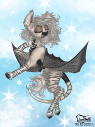 Size: 1536x2048 | Tagged: safe, artist:clarsithell, oc, oc only, oc:devilvoice, bat pony, bat pony oc, ear piercing, earring, eyes closed, fangs, female, jewelry, leonine tail, open mouth, open smile, piercing, singing, smiling, solo, sparkles, tail, unshorn fetlocks
