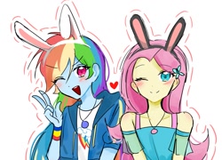 Size: 1147x826 | Tagged: safe, artist:rainbom__1122, fluttershy, rainbow dash, human, blushing, bunny ears, duo, duo female, eyebrows, eyebrows visible through hair, female, heart, looking at you, one eye closed, open mouth, open smile, peace sign, smiling, wink, winking at you