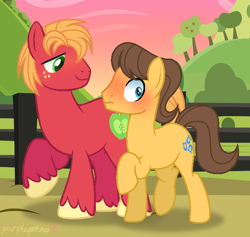 Size: 636x603 | Tagged: safe, artist:purplepotato04, big macintosh, caramel, earth pony, pony, g4, base used, blue eyes, blushing, duo, gay, green eyes, male, ship:caramac, shipping, show accurate, stallion, unshorn fetlocks, walking