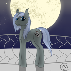 Size: 3200x3200 | Tagged: safe, artist:maître cervidé, oc, oc only, oc:amygdale, pony, unicorn, balcony, female, high res, horn, looking at you, mare, moon, night, request, shading, signature, smiling, smiling at you, solo, stars, unicorn oc