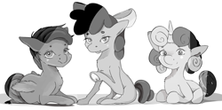 Size: 4352x2160 | Tagged: safe, artist:karibela, apple bloom, scootaloo, sweetie belle, horse, g4, cutie mark crusaders, female, monochrome, simple background, white background