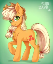 Size: 685x828 | Tagged: safe, artist:shinizavr, applejack, earth pony, pony, g4, cute, eye clipping through hair, eyebrows, eyebrows visible through hair, female, gradient background, jackabetes, looking at you, mare, smiling, solo