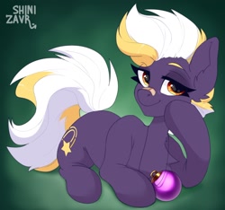 Size: 1706x1597 | Tagged: safe, artist:shinizavr, oc, oc:wildheart, earth pony, pony, christmas ball, female, lying down, mare, prone, solo