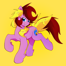 Size: 2500x2500 | Tagged: safe, artist:stec-corduroyroad, derpibooru exclusive, oc, oc only, oc:corduroy road, earth pony, pony, earth pony oc, high res, looking at you, male, simple background, smiling, smiling at you, solo, stallion, yellow background