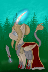 Size: 3600x5400 | Tagged: safe, artist:thecommandermiky, oc, oc only, oc:artura, alicorn, pony, alicorn oc, armor, armored pony, cape, clothes, cloven hooves, female, glowing, glowing horn, horn, knight, leonine tail, magic, magic aura, mare, pony oc, queen, solo, somber, sword, telekinesis, weapon, wings