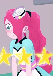 Size: 2894x4093 | Tagged: safe, artist:haibaratomoe, pinkie pie, human, equestria girls, five stars, g4, my little pony equestria girls: better together, apron, clothes, customer rating, female, high res, rating, review, sad, scene interpretation, server pinkie pie, shop, solo, sweet snacks cafe, waitress, when she doesn't smile