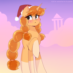 Size: 3000x3000 | Tagged: safe, alternate character, alternate version, artist:xjenn9, oc, oc:morning latte, blaze (coat marking), blushing, braid, braided pigtails, braided tail, christmas, coat markings, commission, facial markings, hat, high res, holiday, pigtails, santa hat, socks (coat markings), solo, tail, ych result
