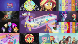 Size: 1280x721 | Tagged: safe, editor:quoterific, applejack, fluttershy, pinkie pie, rainbow dash, rarity, sunset shimmer, twilight sparkle, horse, human, equestria girls, friendship through the ages, g4, country applejack, folk fluttershy, new wave pinkie, pianist twilight, rainbow punk, sgt. rarity