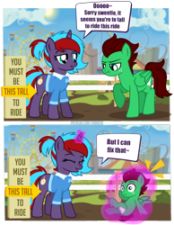 Size: 776x1000 | Tagged: safe, artist:jennieoo, oc, oc only, oc:charming dazz, oc:northern haste, pegasus, pony, unicorn, age regression, amusement park, comic, dialogue, female, fence, filly, foal, gift art, glowing, glowing horn, group, horn, magic, magic aura, male, mare, patreon, patreon reward, pegasus oc, ponytail, present, sign, speech bubble, stallion, unicorn oc, vector, younger