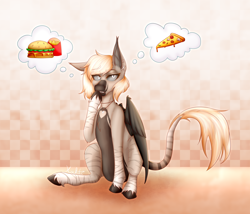 Size: 4000x3425 | Tagged: safe, artist:_xochiti_, oc, oc only, oc:devilvoice, bat pony, pony, bat pony oc, belly, burger, coat markings, dark belly, female, food, leonine tail, partially open wings, pizza, solo, tail, thinking, thought bubble, wings