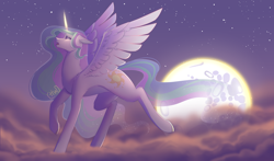 Size: 8500x5000 | Tagged: safe, artist:snailswails, princess celestia, alicorn, pony, g4, absurd resolution, cloud, cloudy, female, mare, mare in the moon, missing accessory, moon, night, sky, spread wings, wings