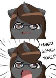 Size: 2600x3600 | Tagged: safe, artist:nihithebrony, oc, oc only, oc:sonata, pony, unicorn, elements of justice, turnabout storm, angry, angry noises, blushing, comic, descriptive noise, female, floppy ears, glasses, high res, horse noises, mare, meme, open mouth, simple background, solo, speech bubble, text, white background, yelling