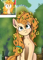 Size: 2480x3508 | Tagged: safe, artist:playful wings, bright mac, pear butter, earth pony, pony, g4, the perfect pear, bottle, buttercup, female, flower, flower in hair, high res, male, mare, reference used, screencap reference, stallion, youtube video