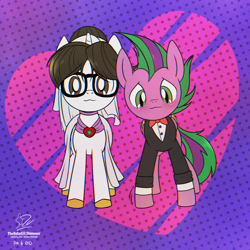 Size: 5000x5000 | Tagged: safe, artist:theratedrshimmer, raven, spike, pegasus, pony, unicorn, g4, my little pony. poni nimeltä spike, bride, commission, cute, female, groom, male, mare, ponified, ponified spike, ship:ravenspike, shipping, species swap, stallion, straight, ych result
