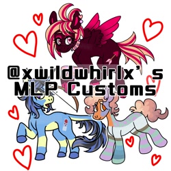 Size: 1500x1500 | Tagged: safe, artist:xwildwhirlx, oc, oc only, oc:cloudy, oc:slide, oc:venus, earth pony, pegasus, pony, unicorn, advertisement, advertisement in description, advertising, commission, commission info