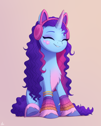 Size: 2000x2500 | Tagged: safe, artist:luminousdazzle, misty brightdawn, pony, unicorn, g5, spoiler:g5, accessory, alternate design, alternate hairstyle, belly, bracelet, chest fluff, cute, debate in the comments, derail in the comments, discussion in the comments, eyes closed, eyeshadow, face paint, female, freckles, gradient hooves, headphones, high res, jewelry, makeup, mare, mistybetes, orange background, simple background, sitting, smiling, solo, three quarter view, unshorn fetlocks, wavy mane