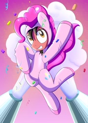 Size: 2143x3000 | Tagged: safe, artist:trackheadtherobopony, pinkie pie, oc, oc:ace play, earth pony, pony, g4, clothes, confetti, cosplay, costume, grin, high res, jumping, kigurumi, male, party cannon, ponysuit, smiling, solo